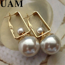 Load image into Gallery viewer, 4.4*1.8cm 2017 New Summer Textured Jewelry Fashion Gold Geometric Shape Shiny Big Double Pearls Dangle Earrings for Women