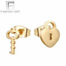 Load image into Gallery viewer, FGifter Fashion Punk Lock Key Stud Earrings Gold Color Stainless Steel Jewelry for Women Girls Ear Piercing Studs