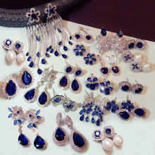 Load image into Gallery viewer, Fashion Vintage Flower Blue Water Drop Earrings Women Crystal Stone Long Tassel Earrings Cubic Zirconia Pearl Women Earrings