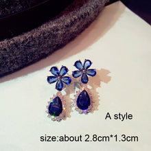 Load image into Gallery viewer, Fashion Vintage Flower Blue Water Drop Earrings Women Crystal Stone Long Tassel Earrings Cubic Zirconia Pearl Women Earrings