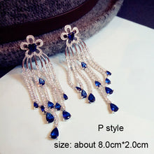 Load image into Gallery viewer, Fashion Vintage Flower Blue Water Drop Earrings Women Crystal Stone Long Tassel Earrings Cubic Zirconia Pearl Women Earrings
