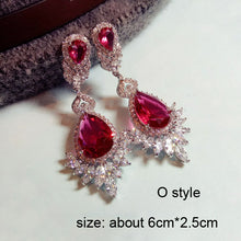 Load image into Gallery viewer, Fashion Geometric Rose Red Crystal stone Long Drop Earrings Square Oval Cubic Zirconia women Party Weddings Hanging Earrings