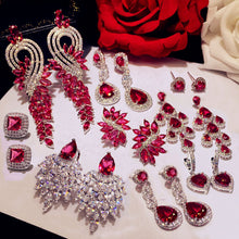Load image into Gallery viewer, Luxury Rose Red stone Long Drop Earrings Water Drop and Flower Shape Hot pink Cubic Zirconia women Party Wedding Jewelry Gift