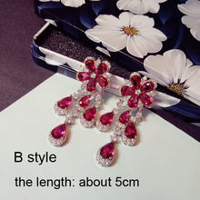 Load image into Gallery viewer, Luxury Rose Red stone Long Drop Earrings Water Drop and Flower Shape Hot pink Cubic Zirconia women Party Wedding Jewelry Gift