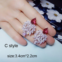 Load image into Gallery viewer, Luxury Rose Red stone Long Drop Earrings Water Drop and Flower Shape Hot pink Cubic Zirconia women Party Wedding Jewelry Gift