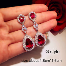 Load image into Gallery viewer, Luxury Rose Red stone Long Drop Earrings Water Drop and Flower Shape Hot pink Cubic Zirconia women Party Wedding Jewelry Gift