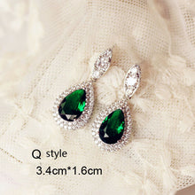 Load image into Gallery viewer, Fashion Vintage Big Water Drop Green Crystal stone Long Earrings Flower Cubic Zirconia women Party Weddings Hanging Earrings