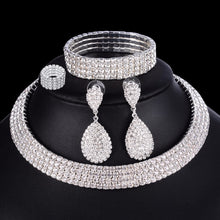 Load image into Gallery viewer, 4 PCS Luxury Wedding Bridal Jewelry Sets for Brides Women Necklace Bracelet Ring Earring Set Elastic Rope Silver Crystal Jewelry