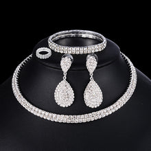 Load image into Gallery viewer, 4 PCS Luxury Wedding Bridal Jewelry Sets for Brides Women Necklace Bracelet Ring Earring Set Elastic Rope Silver Crystal Jewelry