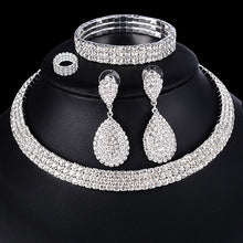 Load image into Gallery viewer, 4 PCS Luxury Wedding Bridal Jewelry Sets for Brides Women Necklace Bracelet Ring Earring Set Elastic Rope Silver Crystal Jewelry