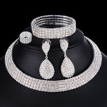 Load image into Gallery viewer, 4 PCS Luxury Wedding Bridal Jewelry Sets for Brides Women Necklace Bracelet Ring Earring Set Elastic Rope Silver Crystal Jewelry