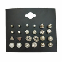 Load image into Gallery viewer, MissCyCy Fashion 12 pair/set Women Square Crystal Heart Stud Earrings for Women Piercing Simulated Pearl Flower Earrings