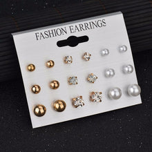 Load image into Gallery viewer, MissCyCy Fashion 12 pair/set Women Square Crystal Heart Stud Earrings for Women Piercing Simulated Pearl Flower Earrings
