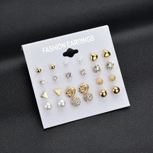 Load image into Gallery viewer, MissCyCy Fashion 12 pair/set Women Square Crystal Heart Stud Earrings for Women Piercing Simulated Pearl Flower Earrings