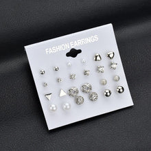 Load image into Gallery viewer, MissCyCy Fashion 12 pair/set Women Square Crystal Heart Stud Earrings for Women Piercing Simulated Pearl Flower Earrings