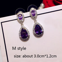 Load image into Gallery viewer, Fashion Plant Flower Purple Crystal stone Long Drop Earrings Square Round Oval Heart Cubic Zirconia women Party Jewelry Hanging