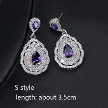 Load image into Gallery viewer, Fashion Plant Flower Purple Crystal stone Long Drop Earrings Square Round Oval Heart Cubic Zirconia women Party Jewelry Hanging