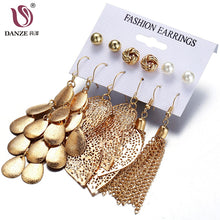 Load image into Gallery viewer, DANZE 6 Pairs/Lot Imitation Pearl Gold Color Alloy Leaf Tassel Pentientes Stud Earring Set Statement Kolczyki Brincos For Women