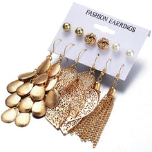 Load image into Gallery viewer, DANZE 6 Pairs/Lot Imitation Pearl Gold Color Alloy Leaf Tassel Pentientes Stud Earring Set Statement Kolczyki Brincos For Women