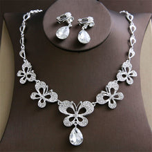 Load image into Gallery viewer, Fashion flower/butterfly Necklaces Earrings sets silver rhinestone crystal bridal wedding jewelry sets for women