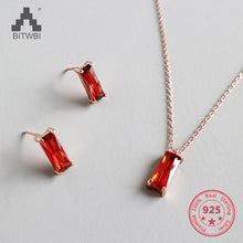 Load image into Gallery viewer, S925 Sterling Silver Simple Red Square Zircon Earrings Short Clavicle Necklace Chain Decoration