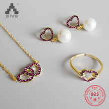 Load image into Gallery viewer, 100% S925 Sterling Silver Elegant Zircon Love Heart Pearl Earrings Ring Clavicle Necklace Set