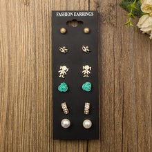 Load image into Gallery viewer, 6 Pairs fashion Clover Pearl Ball Masks CZ Diamonds Stud Earrings With Card