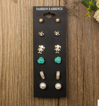 Load image into Gallery viewer, 6 Pairs fashion Clover Pearl Ball Masks CZ Diamonds Stud Earrings With Card