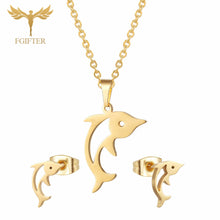 Load image into Gallery viewer, FGifter Cute Hollow Dolphin Pendant Necklace Earrings Sets for Girls Women Gold Stainless Steel Animal Jewelry Set Accessories