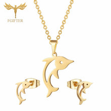 Load image into Gallery viewer, FGifter Cute Hollow Dolphin Pendant Necklace Earrings Sets for Girls Women Gold Stainless Steel Animal Jewelry Set Accessories